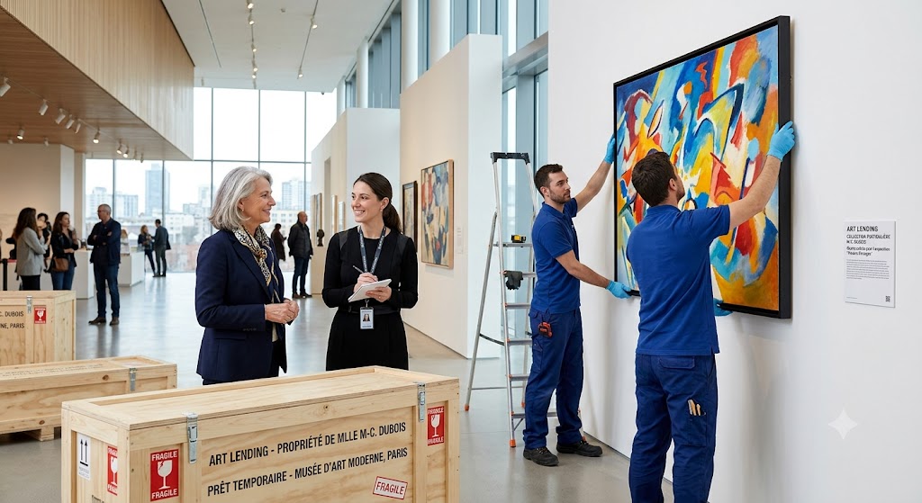 Accrochage d'une œuvre prêtée par une collection particulière dans une salle de musée, caisses de transport au premier plan