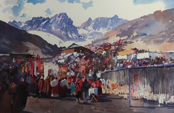 Marché de pèlerinage en haute cordillère, aquarelle de Mauro Castillo Gamarra, collection privée