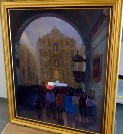 Intérieur de l'église de Chincheros pendant la messe, huile de Mauro Castillo Gamarra, collection privée