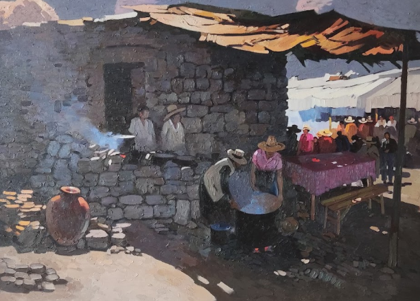 Scène de marché et de cuisine de rue dans la cordillère des Andes, huile de Mauro Castillo Gamarra, collection privée