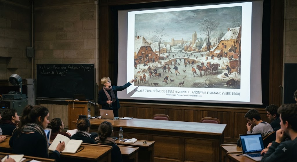 Salle de cours d'histoire de l'art, projection d'une œuvre analysée devant des étudiants
