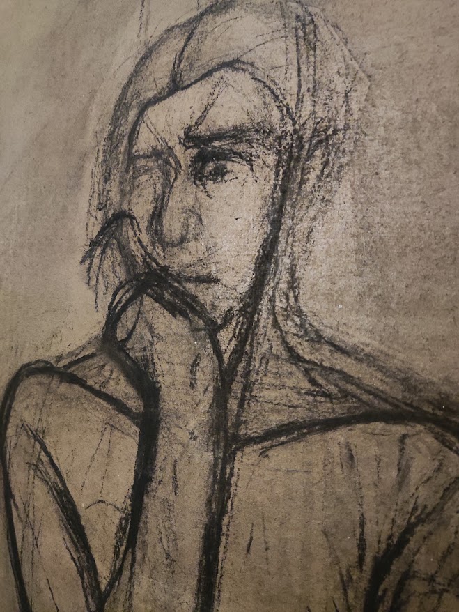 Portrait au fusain sur papier gris, œuvre d'atelier, Catherine Wolff