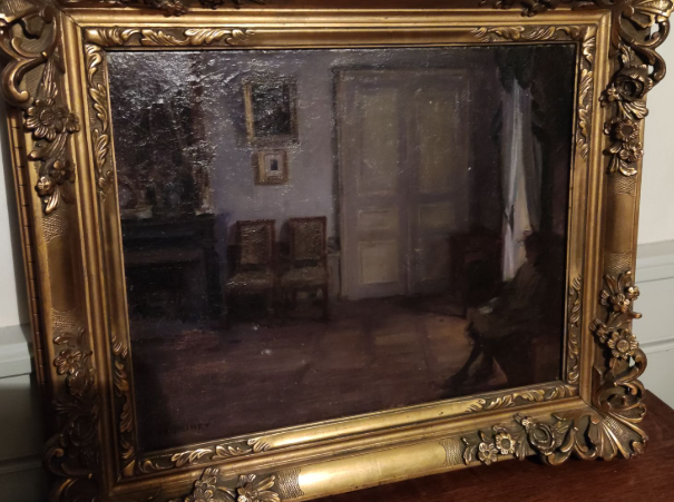 Scène d'intérieur bourgeois, atelier ou salon avec cheminée, attribuée à René-Xavier Prinet, collection privée