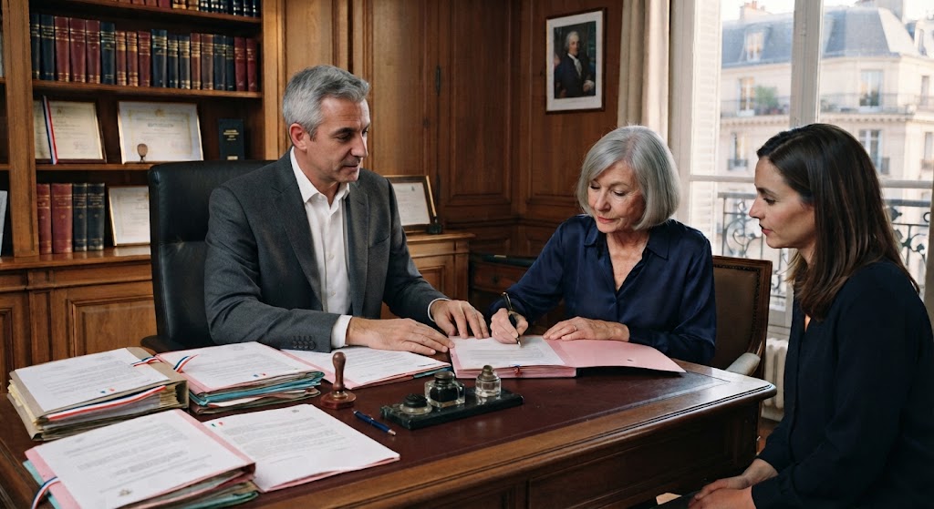 Signature de documents successoraux sur une table de travail, dossiers et actes empilés